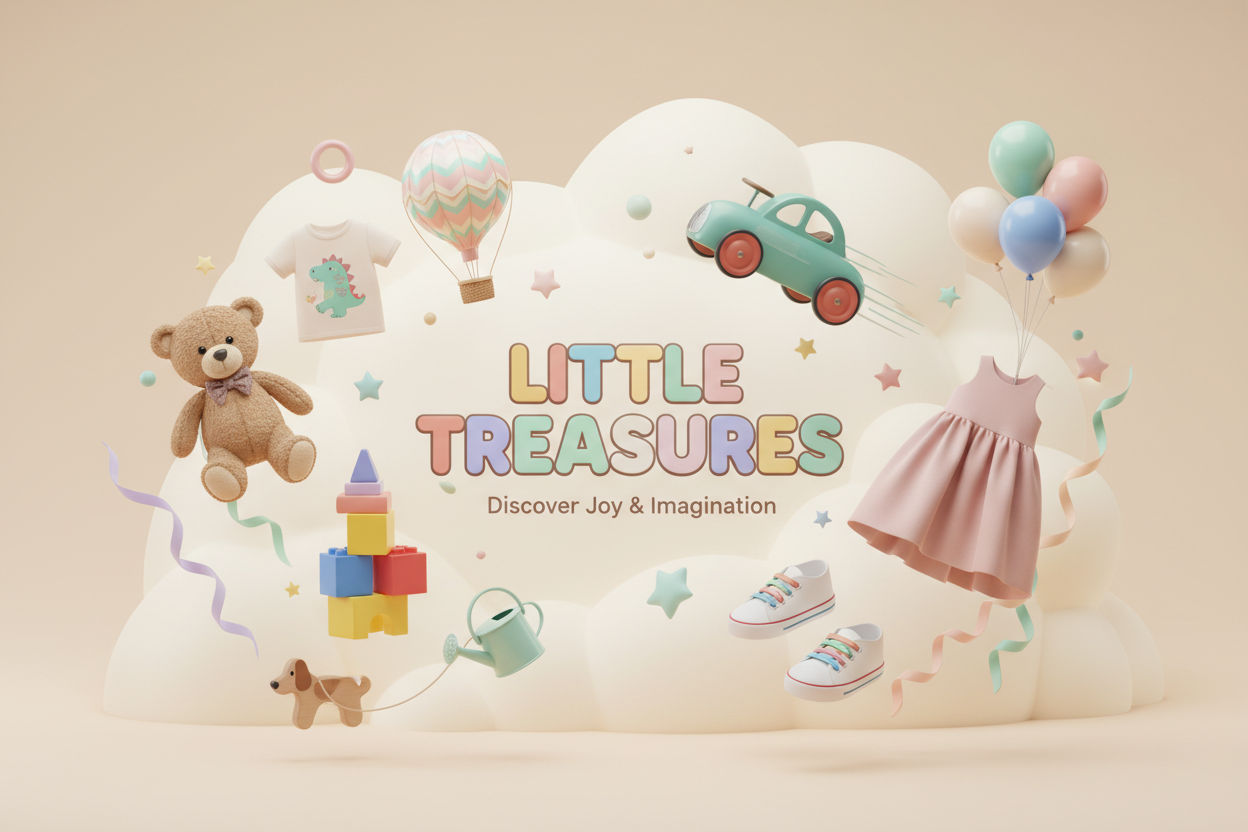 i want creamy color background and 3D banner in which Showing kids toys clothes. basically its for kids collection