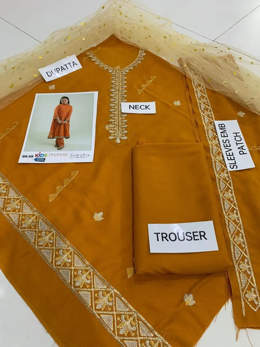 3 Pcs Girl's Dhanak Embroidered Frock And Trouser Set