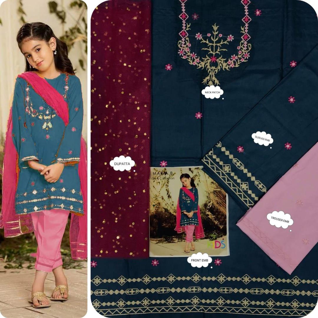 3 Pcs Girl's Lawn Embroidered Unstitched Suit