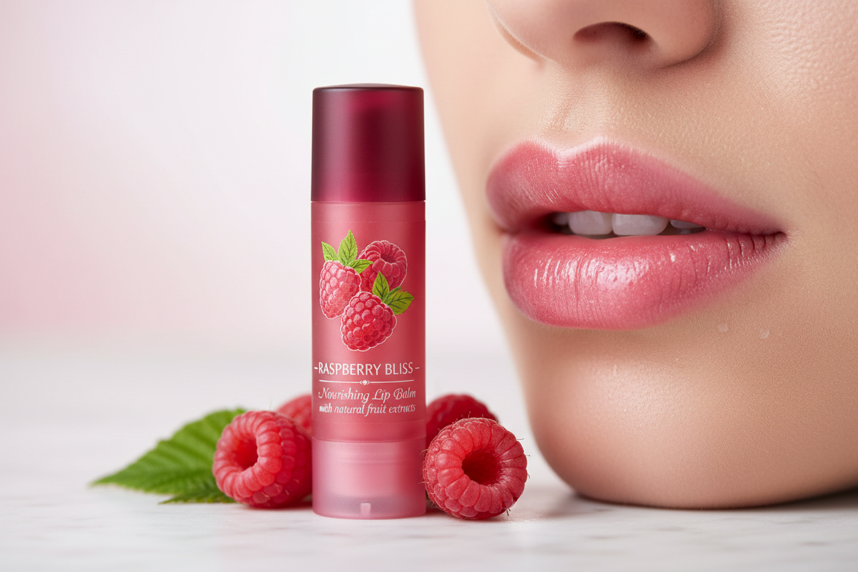 Raspberry lip balm with lips