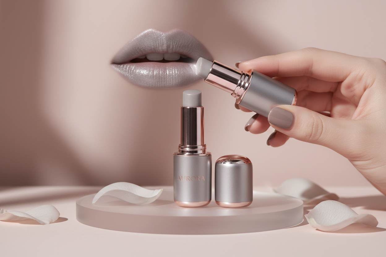 Rose grey lip balm with lips